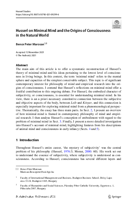 (PDF) Husserl on Minimal Mind and the Origins of Consciousness in the ...
