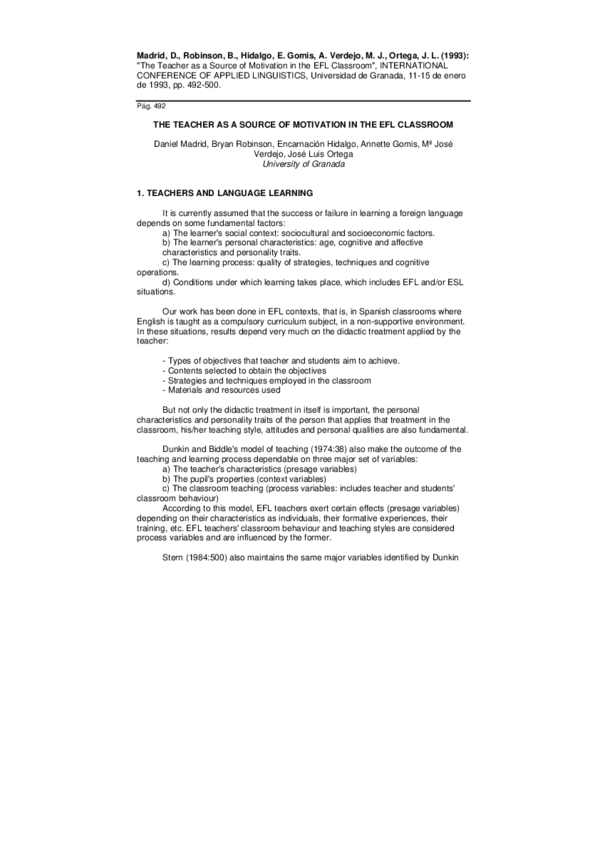 (PDF) The Teacher As a Source of Motivation In the EFL Classroom