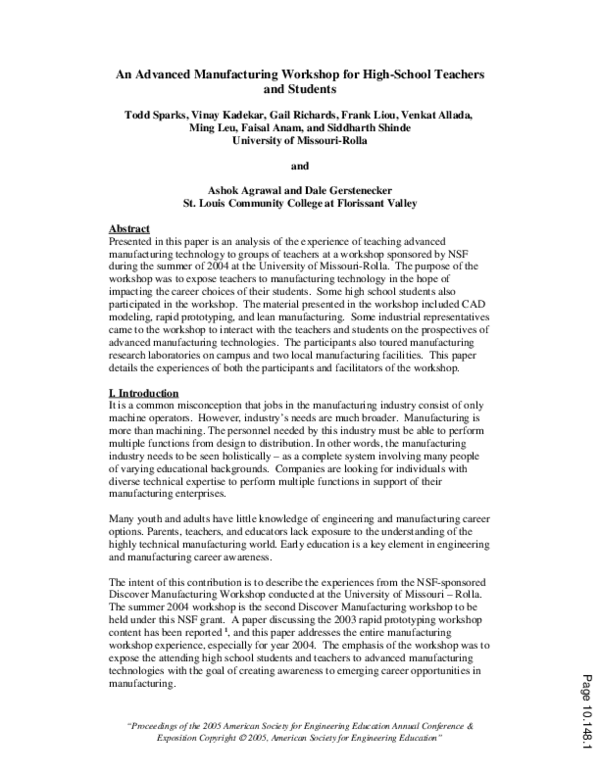 (PDF) An advanced manufacturing workshop for high-school teachers and ...