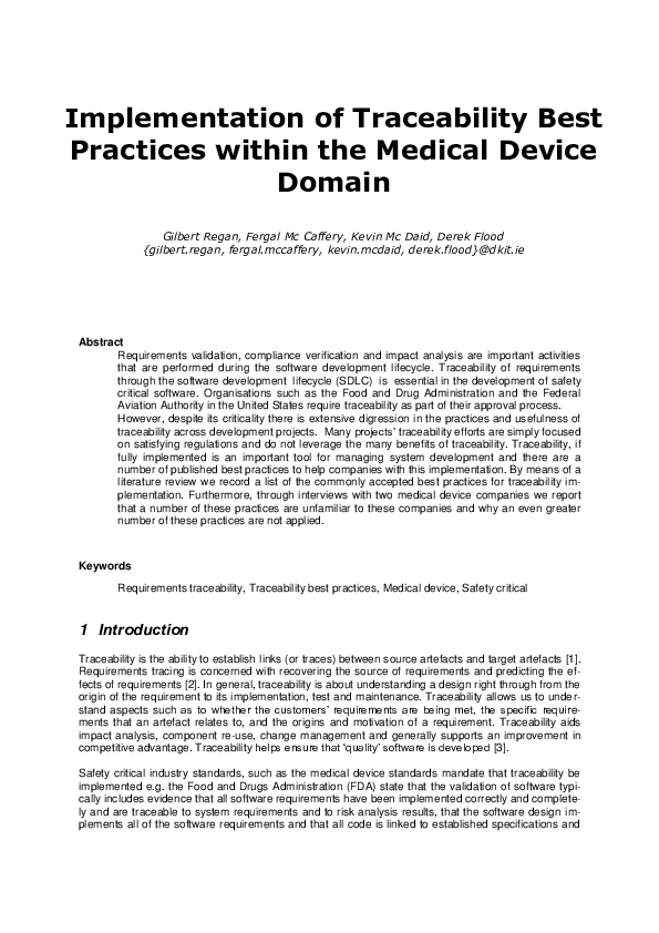 (PDF) Implementation of Traceability Best Practices within the Medical ...