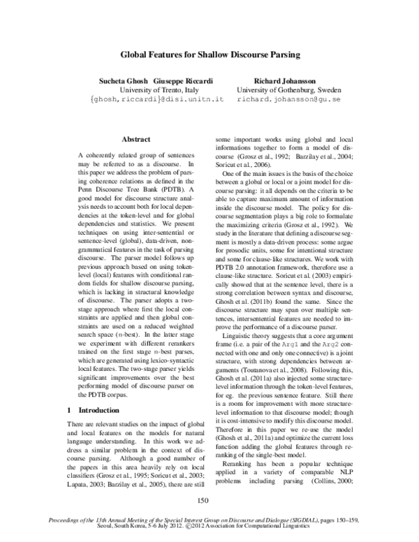 (PDF) Global Features for Shallow Discourse Parsing