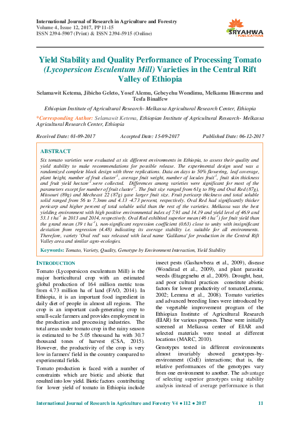 (PDF) Yield Stability and Quality Performance of Processing Tomato ...