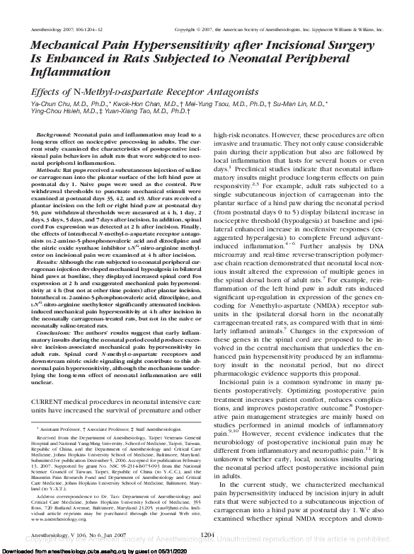 (PDF) Mechanical Pain Hypersensitivity after Incisional Surgery Is ...