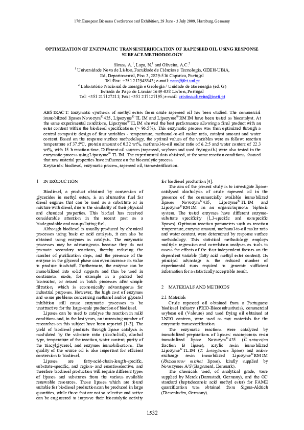 (PDF) Optimization of Enzymatic Transesterification of Rapeseed Oil ...