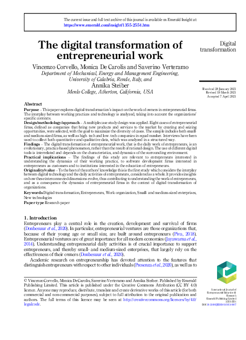 (PDF) The digital transformation of entrepreneurial work