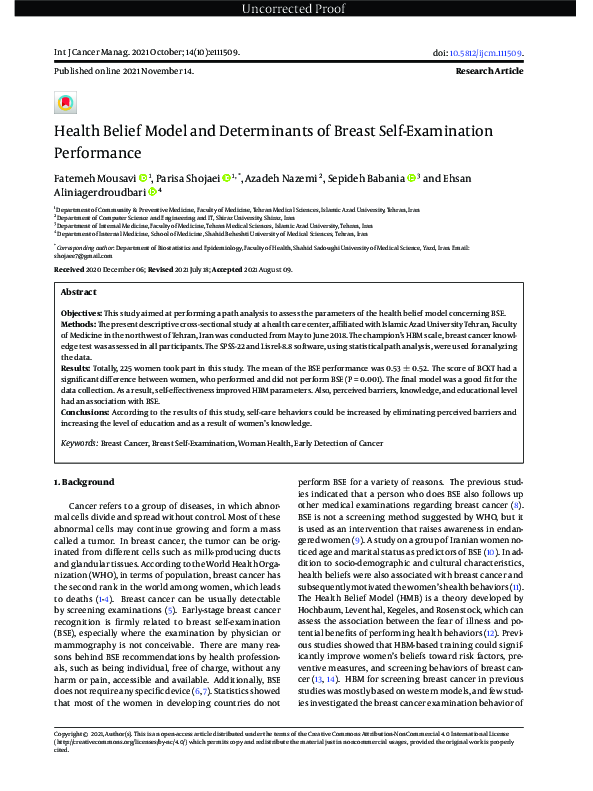 (PDF) Health Belief Model and Determinants of Breast Self-Examination ...