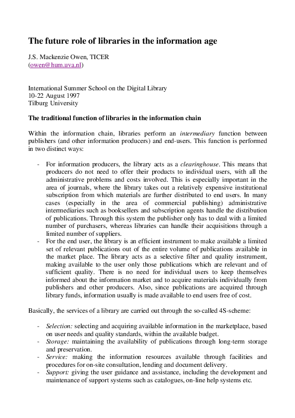 (PDF) The future role of libraries in the information age
