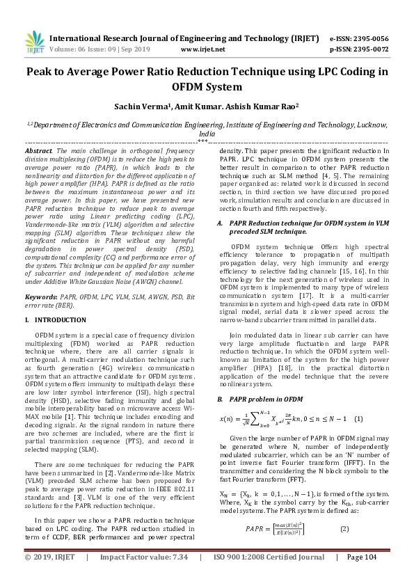 (PDF) Peak to Average Power Ratio Reduction Technique using LPC Coding ...