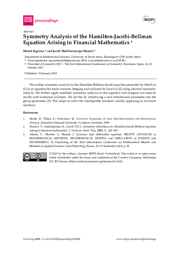 (PDF) Symmetry Analysis of the Hamilton-Jacobi-Bellman Equation Arising ...