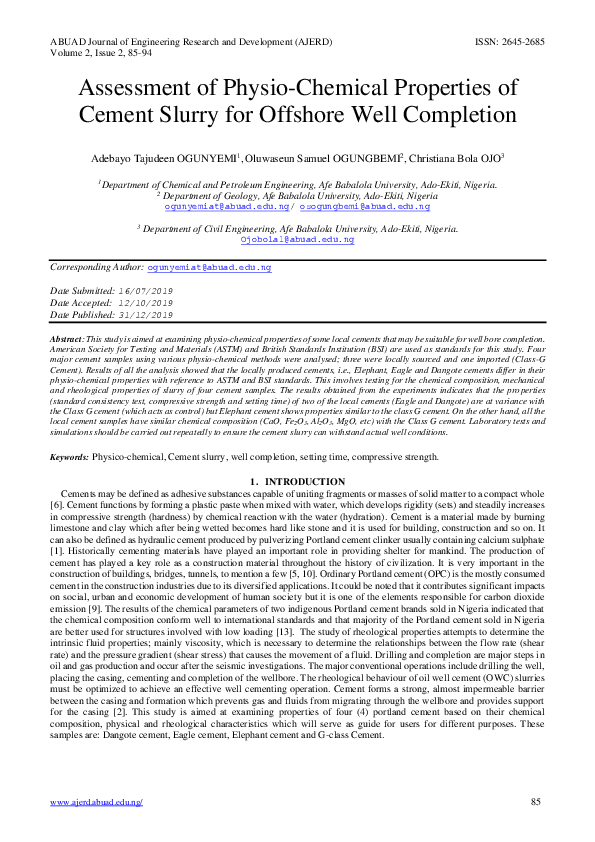 (PDF) Assessment of Physio-Chemical Properties of Cement Slurry for ...