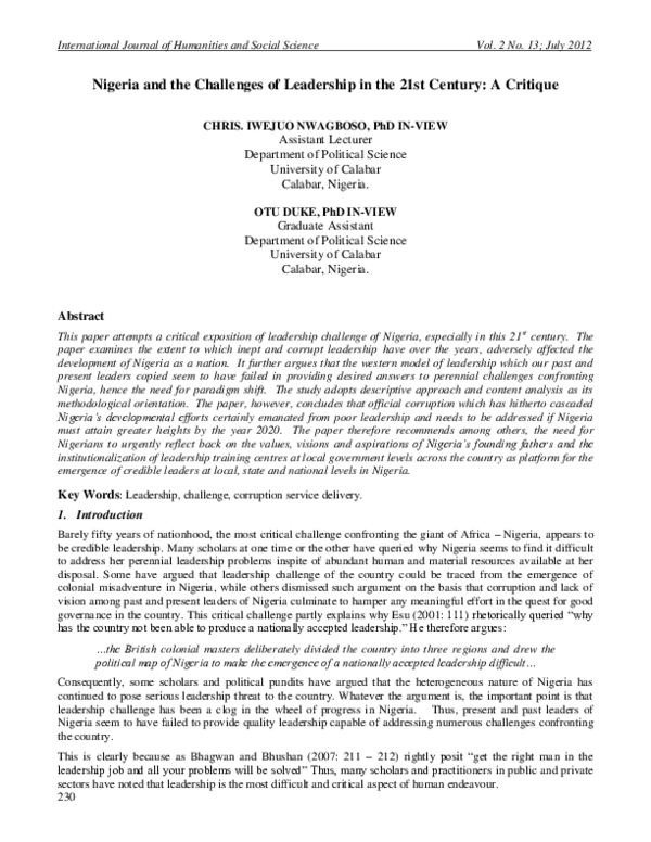 (PDF) Nigeria and the Challenges of Leadership in the 21st Century: A ...