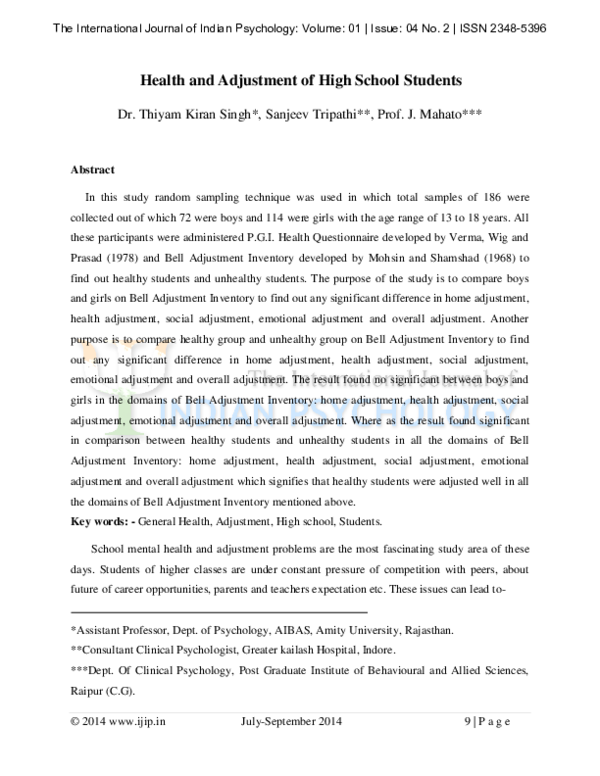 (PDF) Health and Adjustment of High School Students