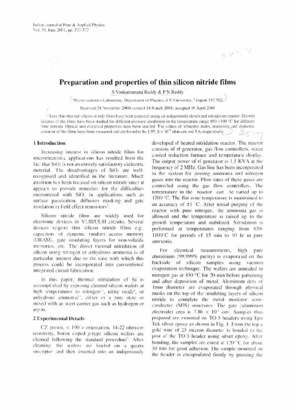 (PDF) Preparation and properties of thin silicon nitride films