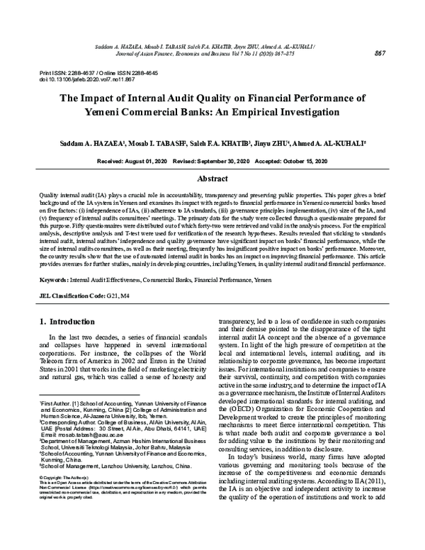 (PDF) The Impact of Internal Audit Quality on Financial Performance of ...