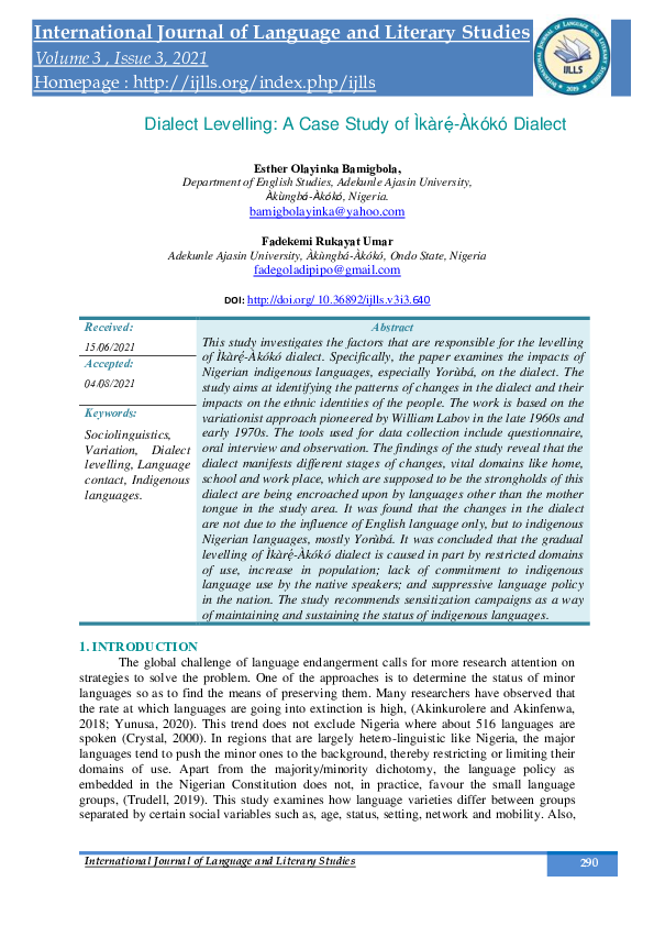 (PDF) Dialect Levelling: A Case Study of Ìkàr??-Àkókó Dialect