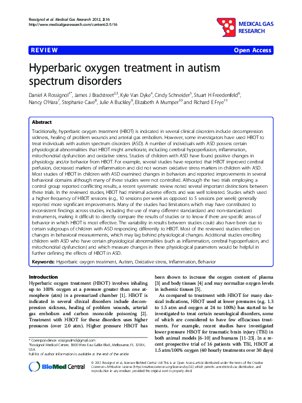 (PDF) Hyperbaric oxygen treatment in autism spectrum disorders Cindy