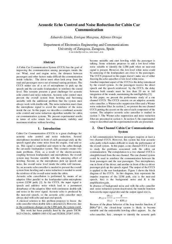 (PDF) Acoustic echo control and noise reduction for cabin car communication
