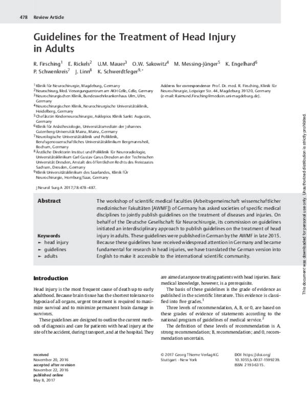 (PDF) Guidelines for treatment of head injury in adults. Opinions of a ...