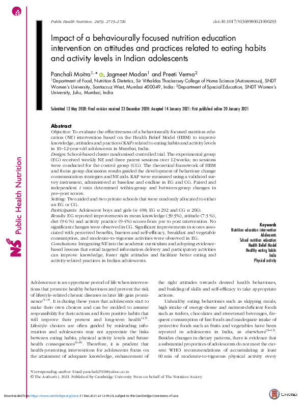 (PDF) Impact of a behaviourally focused nutrition education ...