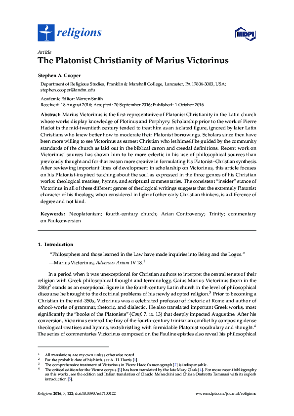 (PDF) The Platonist Christianity of Marius Victorinus