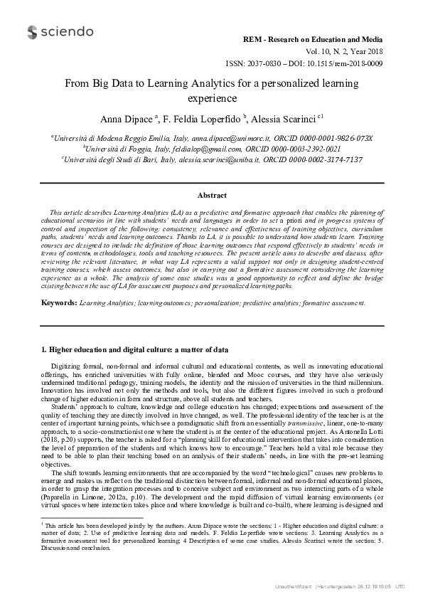 (PDF) From Big Data to Learning Analytics for a personalized learning ...