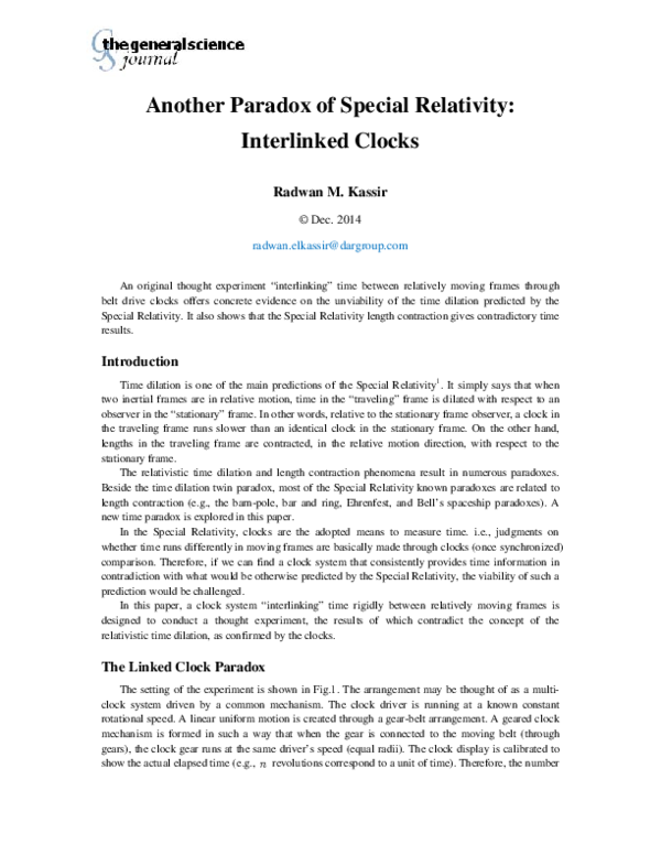 (PDF) Another Paradox of Special Relativity: Interlinked Clocks