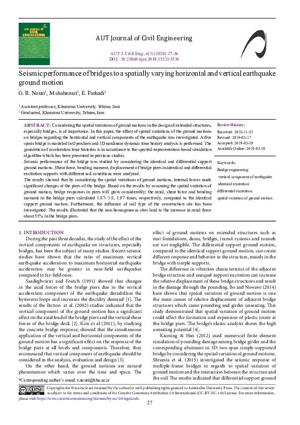 (PDF) Seismic performance of bridges to a spatially varying horizontal and vertical earthquake