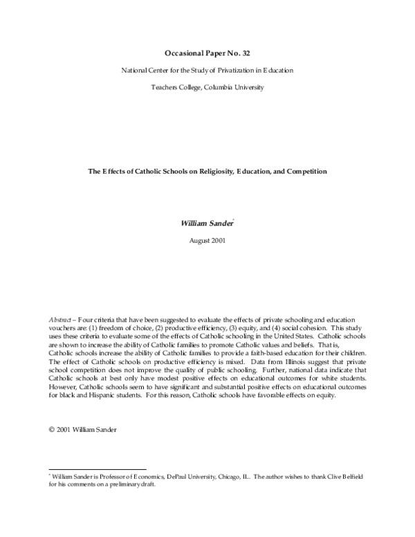 (PDF) The Effects of Catholic Schools on Religiosity, Education, and ...