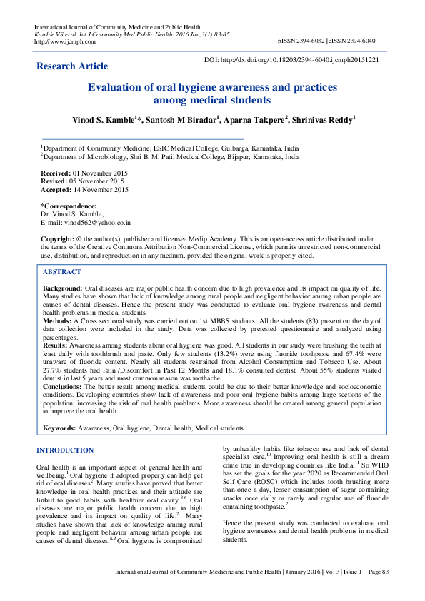 (PDF) Evaluation of oral hygiene awareness and practices among medical ...