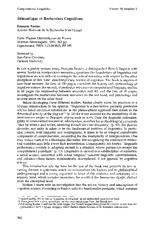 (PDF) Review of Sémantique et recherches cognitives by François Rastier ...