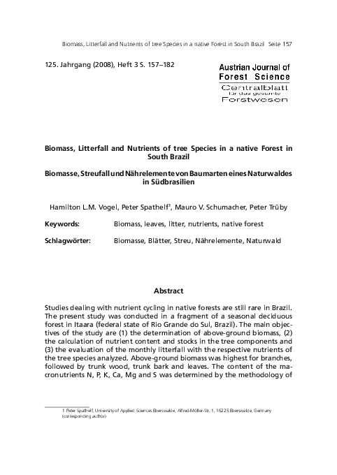 (PDF) Biomass, Litterfall and Nutrients of tree Species in a native ...