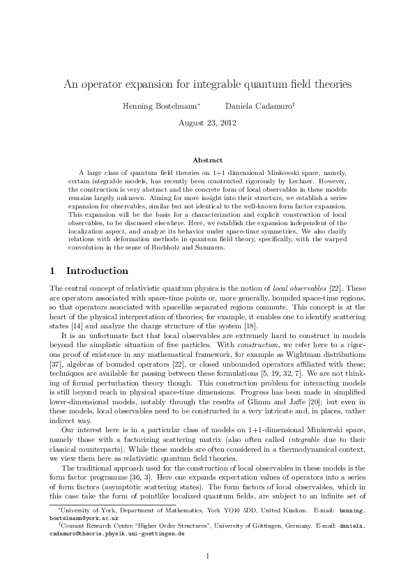 (PDF) An operator expansion for integrable quantum field theories