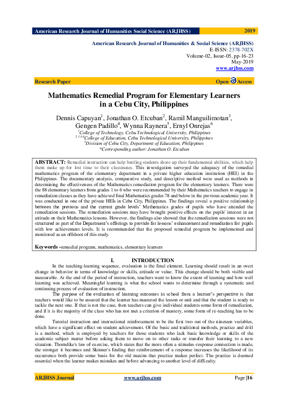 (PDF) Mathematics Remedial Program for Elementary Learners in a Cebu ...