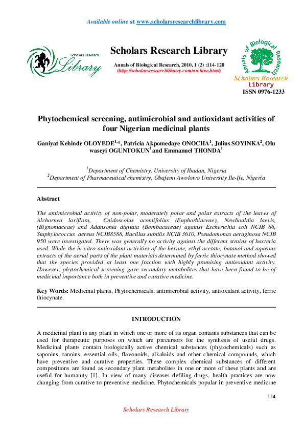 (PDF) Phytochemical screening, antimicrobial and antioxidant activities ...