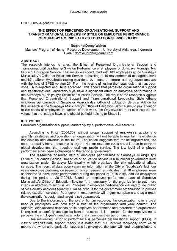 (PDF) The Effect of Perceived Organizational Support and Self Efficacy ...