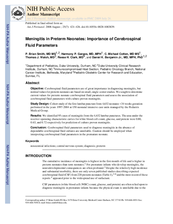 (PDF) Meningitis in Preterm Neonates: Importance of Cerebrospinal Fluid ...