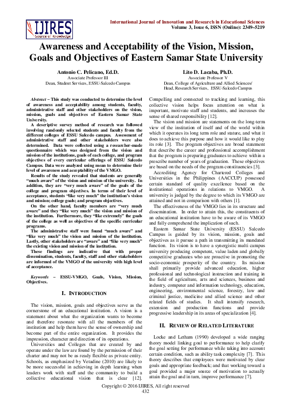(PDF) Awareness and Acceptability of the Vision , Mission , Goals and ...
