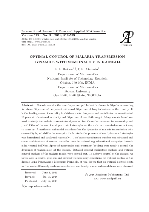 (PDF) Optimal Control of Malaria Transmission Dynamics with Seasonality ...