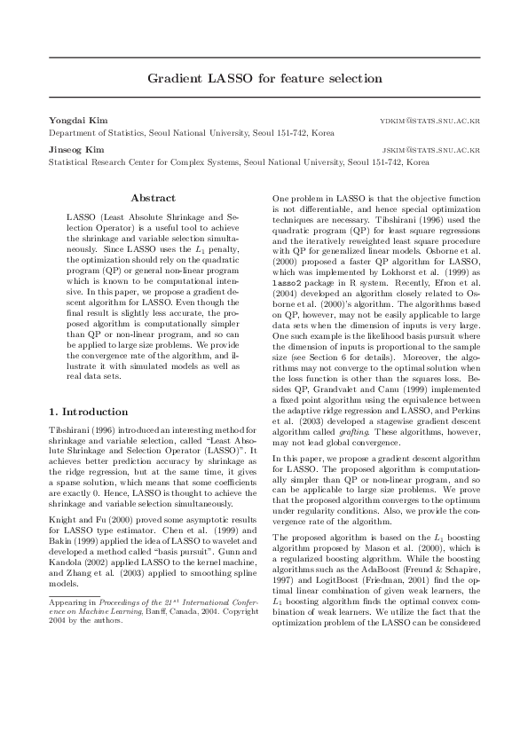 (PDF) Gradient LASSO for feature selection