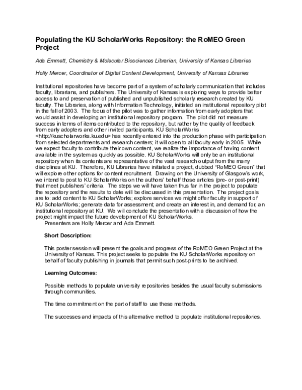 (PDF) Populating the KU ScholarWorks Repository: the RoMEO Green Project
