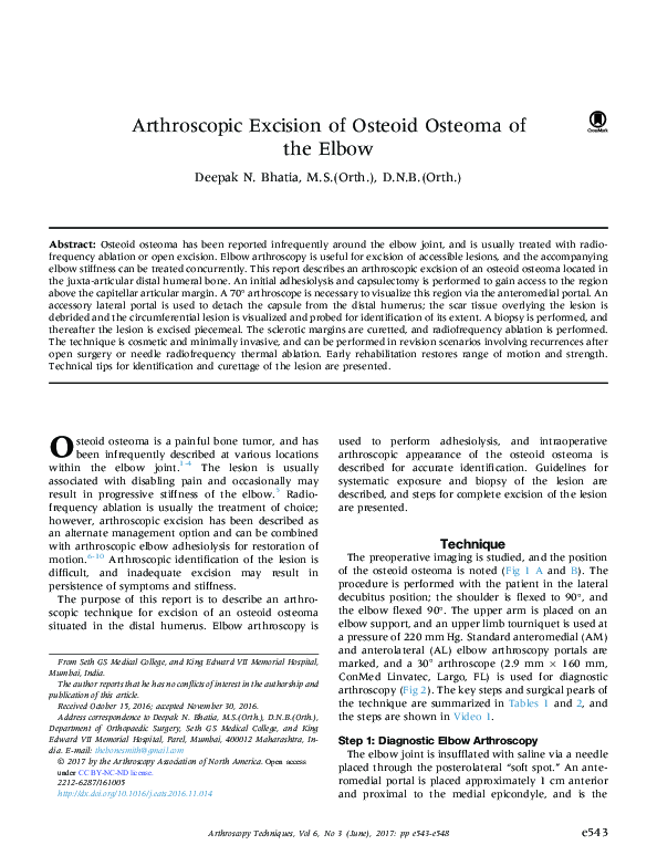(PDF) Arthroscopic Excision of Osteoid Osteoma of the Elbow