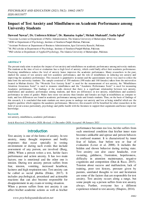 Picture of (PDF) Impact of Test Anxiety and Mindfulness on Academic Performance ...
