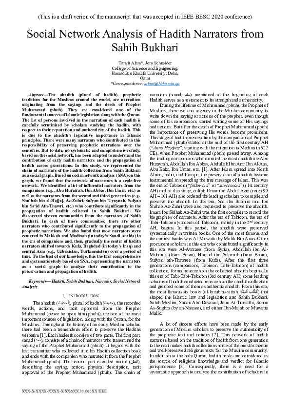 (PDF) Social Network Analysis of Hadith Narrators from Sahih Bukhari