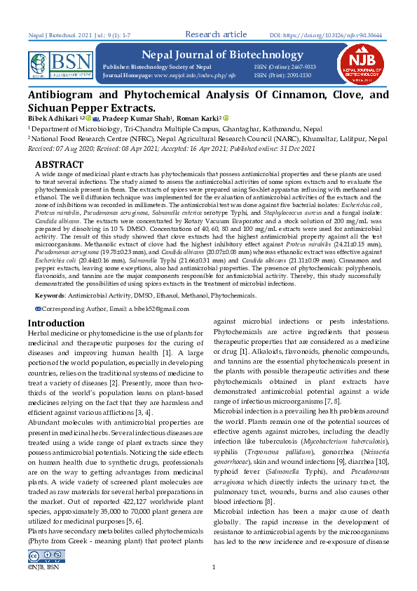 (PDF) Antibiogram and Phytochemical Analysis of Cinnamon, Clove, and ...
