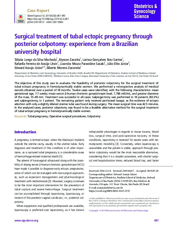 (PDF) Surgical treatment of tubal ectopic pregnancy through posterior ...