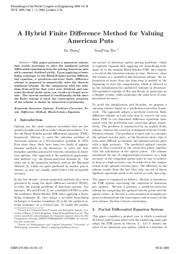 (PDF) A hybrid finite difference method for valuing american puts