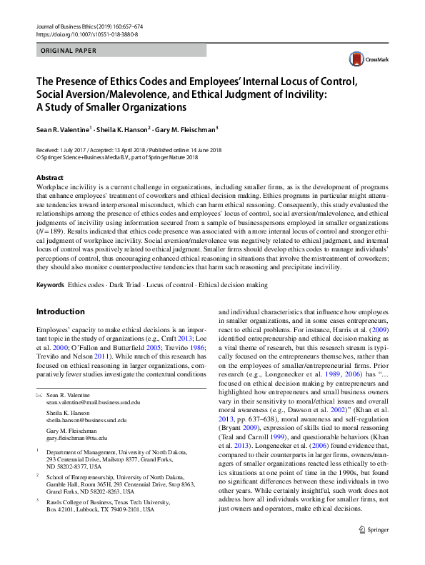 (PDF) The Presence of Ethics Codes and Employees’ Internal Locus of ...