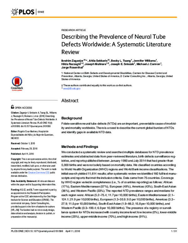 (PDF) Describing the Prevalence of Neural Tube Defects Worldwide: A ...