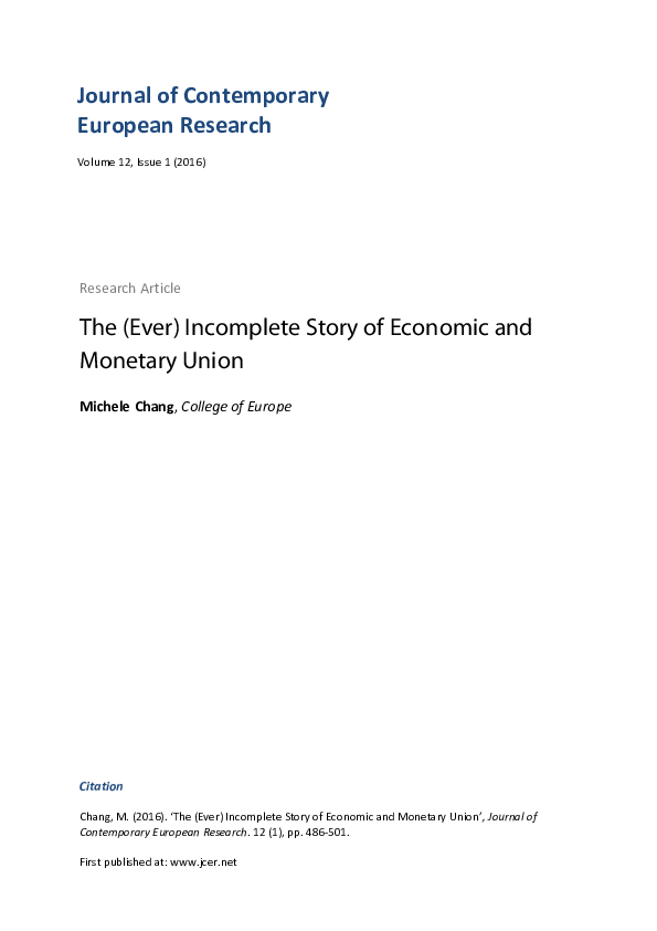 (PDF) The (Ever) Incomplete Story of Economic and Monetary Union