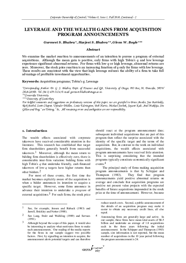 (PDF) Leverage and the wealth gains from acquisition program announcements
